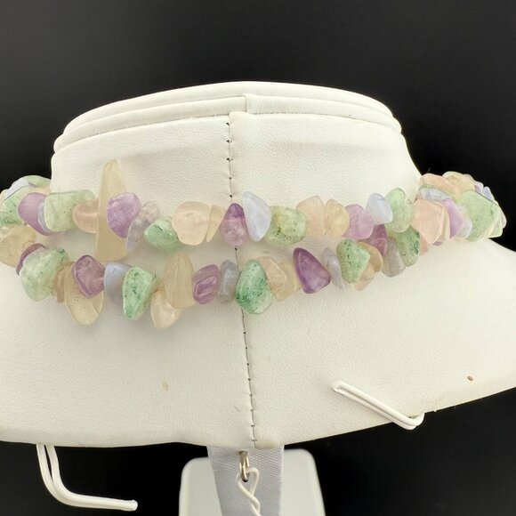 Multi-Gemstone Chip Beaded Long Strand Necklace Pastel Colors Green Pink & Laven - Picture 6 of 7